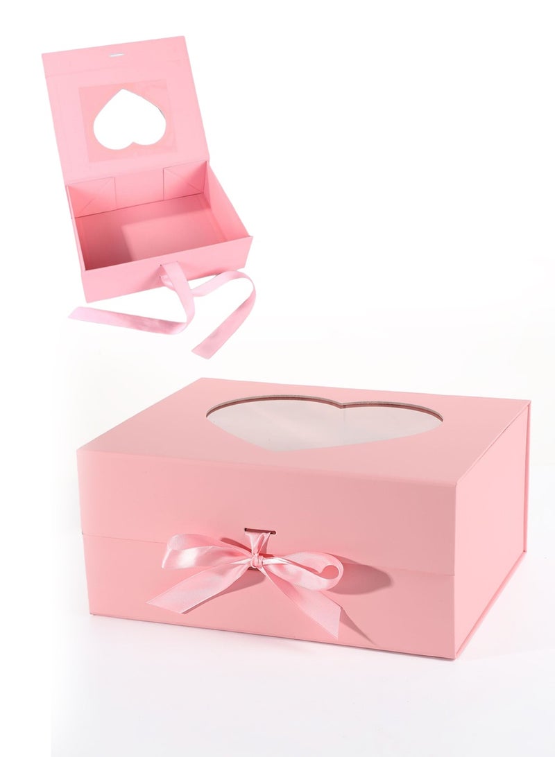 علبة هدايا وردية بنافذة على شكل قلب – علبة هدايا مغناطيسية قابلة للطي مع شريط، مثالية لعيد الحب وأعياد الميلاد وحفلات الزفاف والمناسبات الخاصة - Image 1